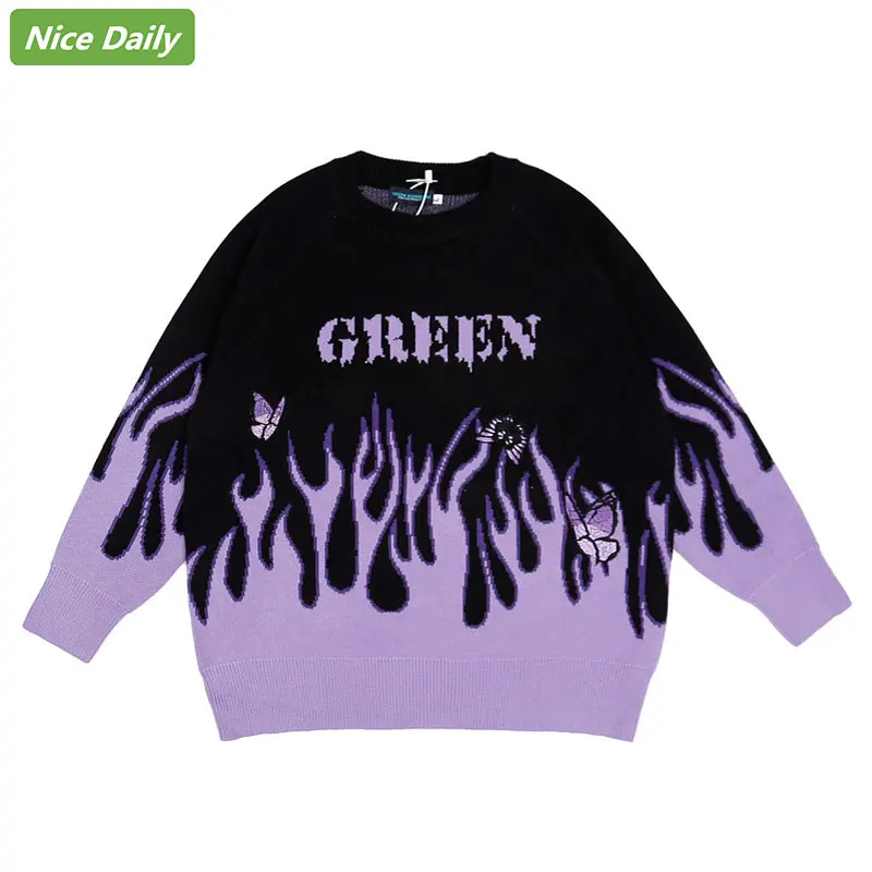 

NiceDaily Men Sweaters Harajuku Gradient Flame Jacquard Butterfly Embroidery Couple Sweater Oversize Loose Hip-Hop Knitted Top