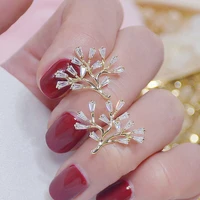 ydl ins hot sale fashion transparent crystal tree leaf earring for girl gold zirconia stud earring bijoux pendant gift