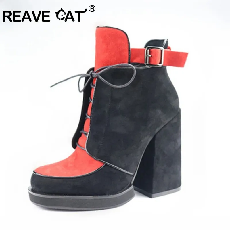 

Женские ботильоны на толстом каблуке REAVE CAT, замшевые ботинки в западном стиле, обувь на платформе в стиле панк на толстом каблуке, Осень-зима