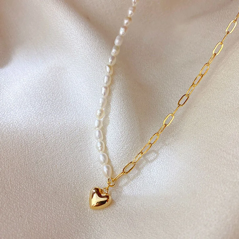 

Pearl Asymmetric Splicing Clavicle Chain Necklace Smooth Heart Pendant Korean Fashion Hip Hop Women's Necklace Girl Jewelry Gift