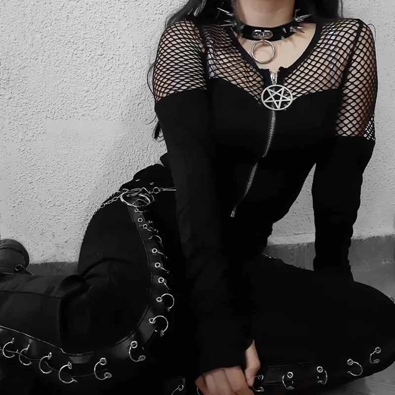 

Y2K Gothic Sexy Patchwork Pentagram Zipper Cardigan Black T-shirt Spring Women's Hollow Out Long Sleeve Slim Crop Tops Shirts