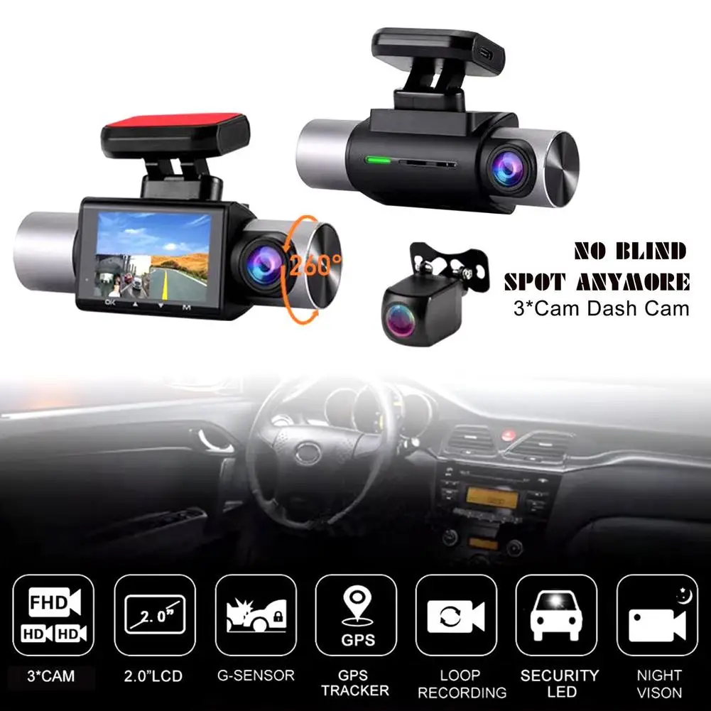 

3 Lenses Rear View Camera Dash Cam G Sensor Anti-Theft Monitoring GPS Tracker HD 1080P Night Vision Reversing Camera DVR 3 In 1