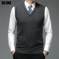 100 wool top quality new autum fashion brand solid pullover sweater v neck knit vest men plain sleeveless casual men clothing