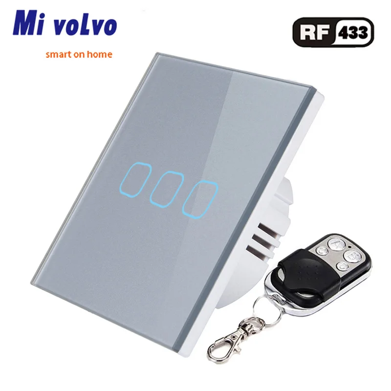 

Mivolvo RF wireless touch switch tempered glass panel EU standard 3gang light switch interrupter