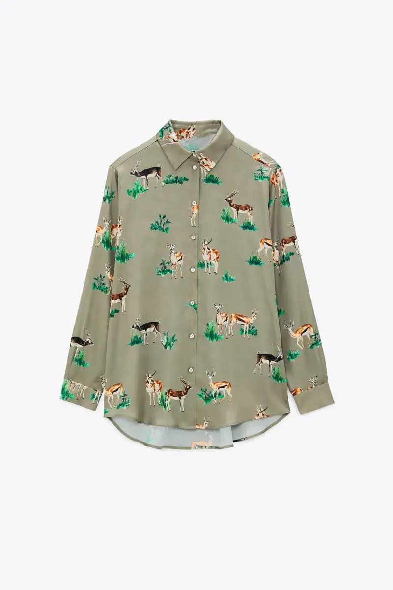 

2021 spring and summer new ladies shirt Tibetan antelope printed silk satin texture wild fashion loose slim shirt top