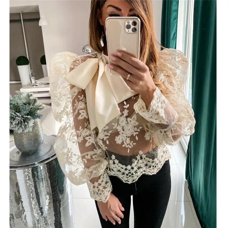 

OL Women Embroidery Lace Blouses Mesh Sheer See Through Shirt Bow Collar Puff Long Sleeve Perspective Shirts Female 2020 Female