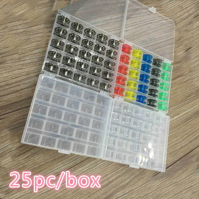 

25Pcs/Set Empty Bobbins Sewing Machine Spools Colorful Plastic Metal Case Storage Box for Sewing