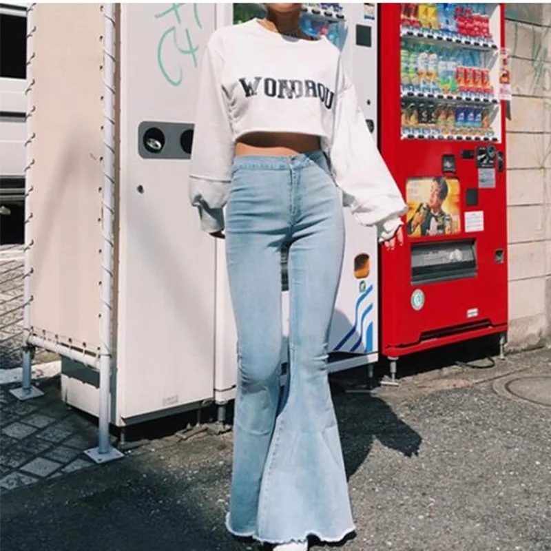 Женские винтажные джинсы с завышенной талией длинные расклешенные брюки