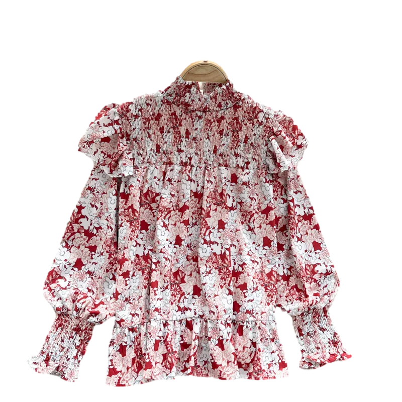 

Spring 2021 New Blouse Female Bubble Sleeve Loose Wild Sweet Blusa Age-reducing Floral Stand-up Collar Shirt GK855