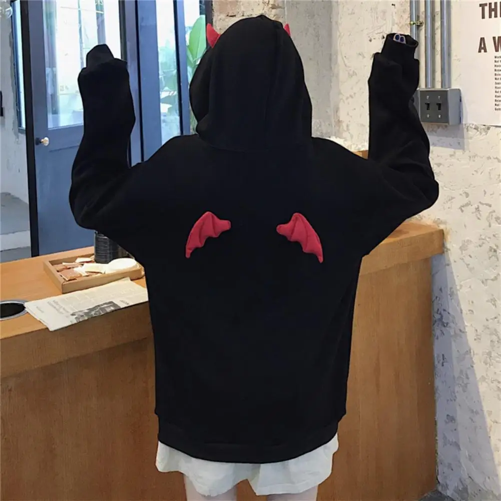 Autumn Sweatshirts Women Long Sleeve Letters Print Devil Hood Sweatshirt Plush Warm Hoodie Women's Clothing 2021