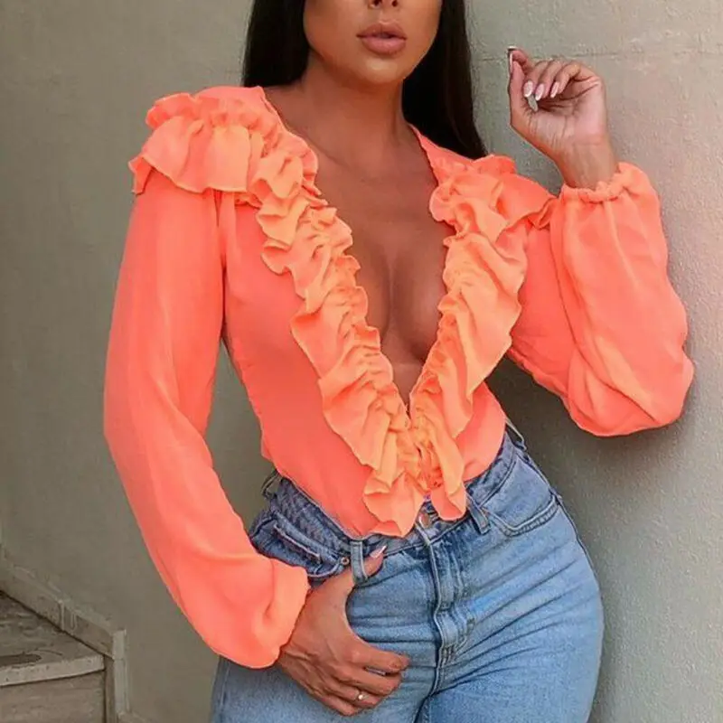 2021 Модные женские рубашки прозрачная сетчатая блузка с глубоким V-образным