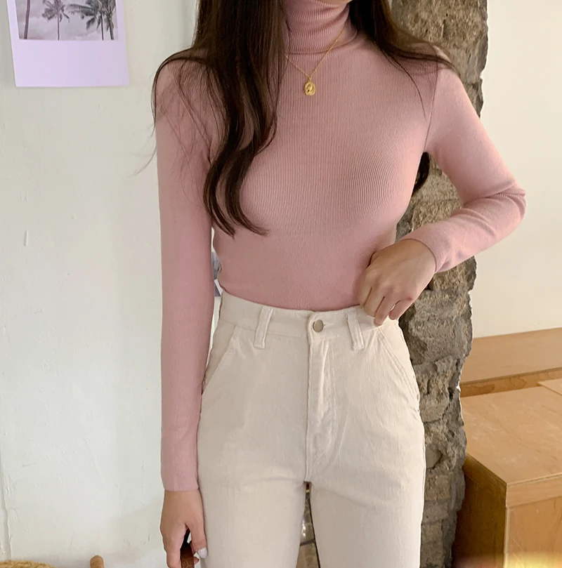 Пуловер однотонные винтажные жилеты Осень-зима свитер водолазка Женский вязаный