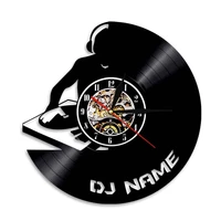 custom dj name wall art decorative clock put your hands up dj silhouette retro music vinyl record hanging decor for pub bar