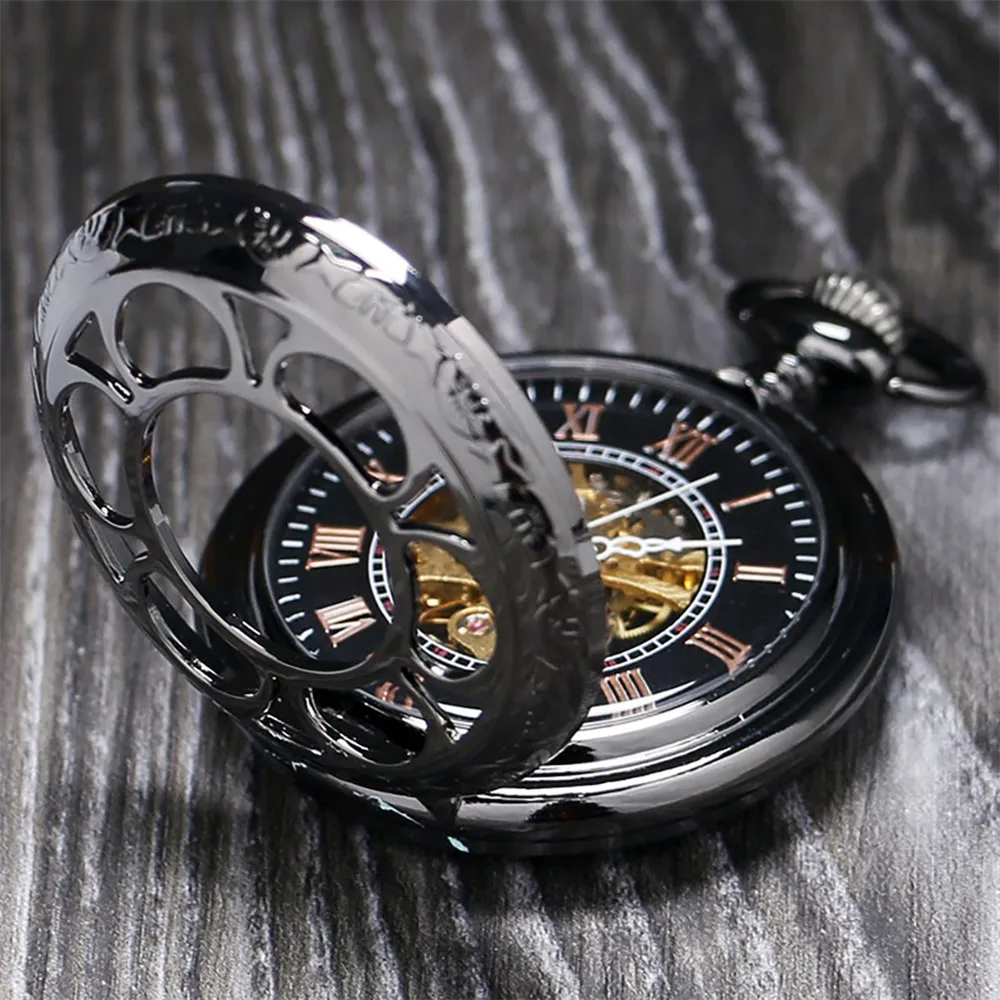 Retro Hollow Pumpkin Flower Mechanical Pocket Watch Vintage Pendant Clock Male Roman Numerals Display Hand Winding Timepiece