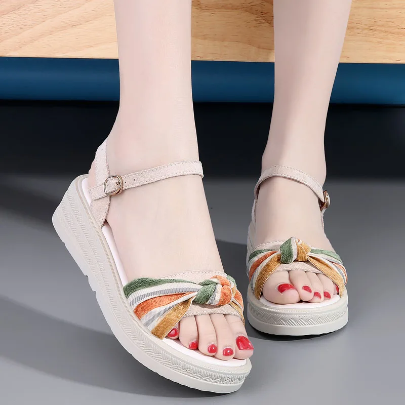 

WDZKN Bohemia Style Low Wedges Sandals Women Summer Platform Shoes Cow Suede Lightweight Buckle Strap Open Toe Casual Sandals