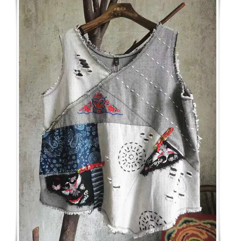

LYUZHE Women Vintage Patchwork Vest 2021 Summer Fashion Women Embroidery Vest Female Asymmetric Vest ZQY037D
