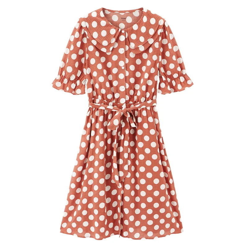 INMAN Summer Doll Collar Retro Wave Point Bowknot Nipped Waist Shourt Sleeve Dress | Женская одежда