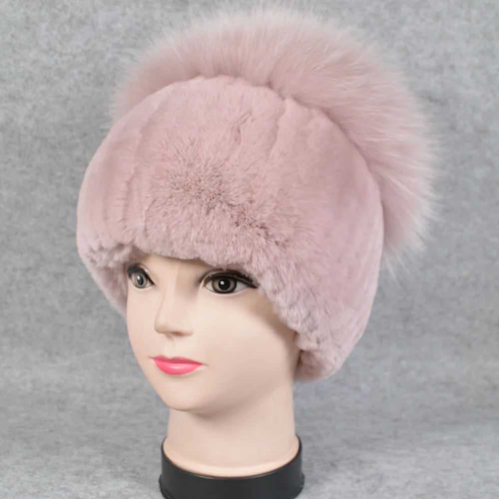 Женская шапка из натурального Лисьего меха зимняя вязаная Настоящий мех кролика