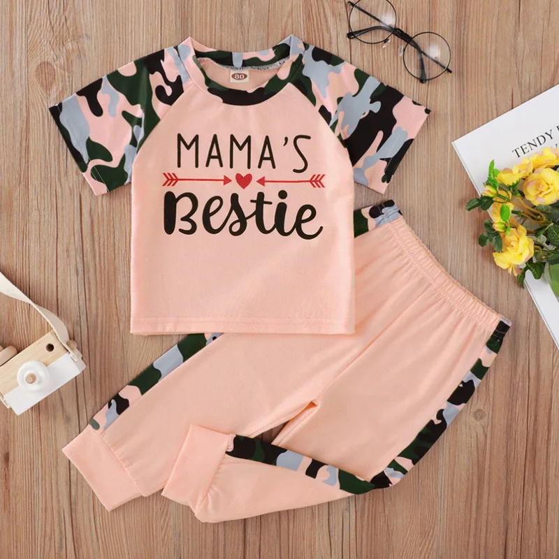 

2021 Summer Children Sets Casual Short Sleeve Letter T-Shirt Patchwork Pink Trousers 2Pcs Girls Boys Clothes Set