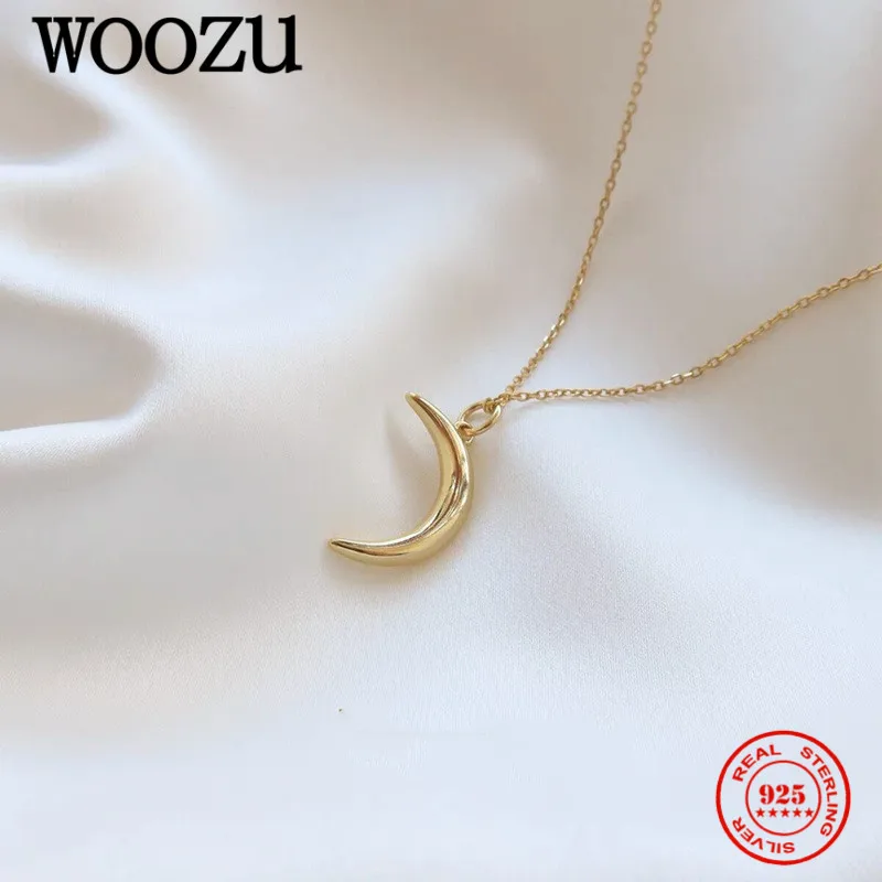 

WOOZU 14k Gold Plated Minimalist Glossy Cute Moon 925 Sterling Silver Pendant Necklace For Women Wedding Engagement Jewelry Gift