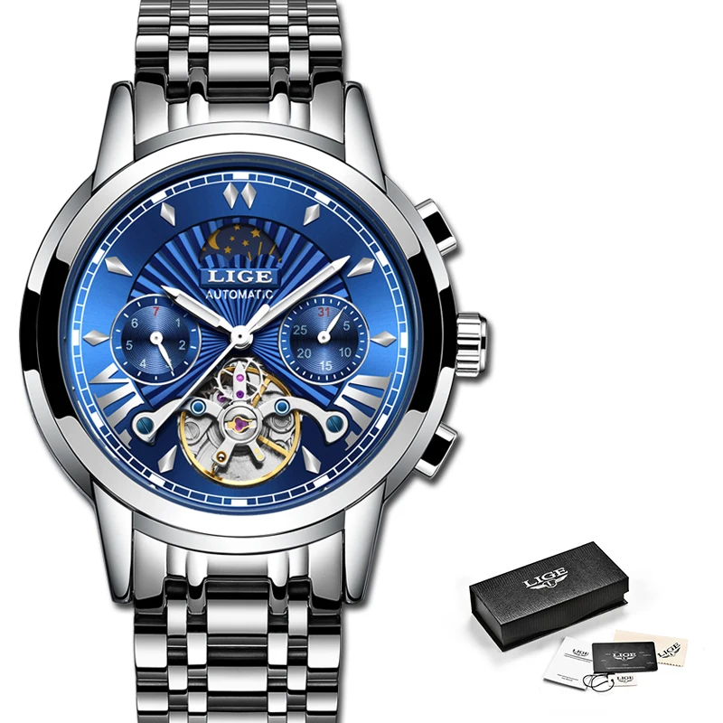 LIGE Роскошные автоматические механические мужские часы Классические деловые