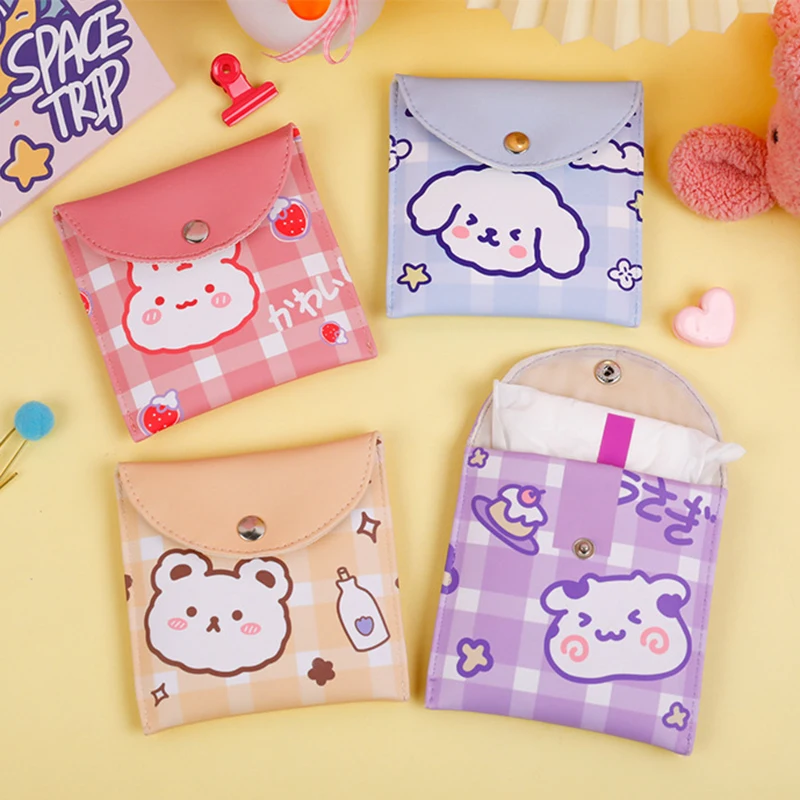 Cute Bear Tampon Storage Bag Women Kawaii PU Waterproof Mini Sanitary Napkin Towel Storage Bags Coin Purse Sundries Storage 166