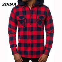 zogaa shirts men spring autumn new mens plaid hooded pocket hat casual long sleeved plus size fashion all match male casual hot