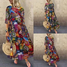 Woman Maxi Dress Vintage Dress Women O Neck Half Sleeve High Waist Graffiti Print Long Plus Size Loose Dress (1)
