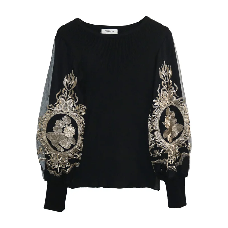 

Female Black Knitted Sweaters Lantern Sleeve Embroidery Floral Jumper Ladies Retro Spring Autumn Elastic Pullover Knitwear Tops