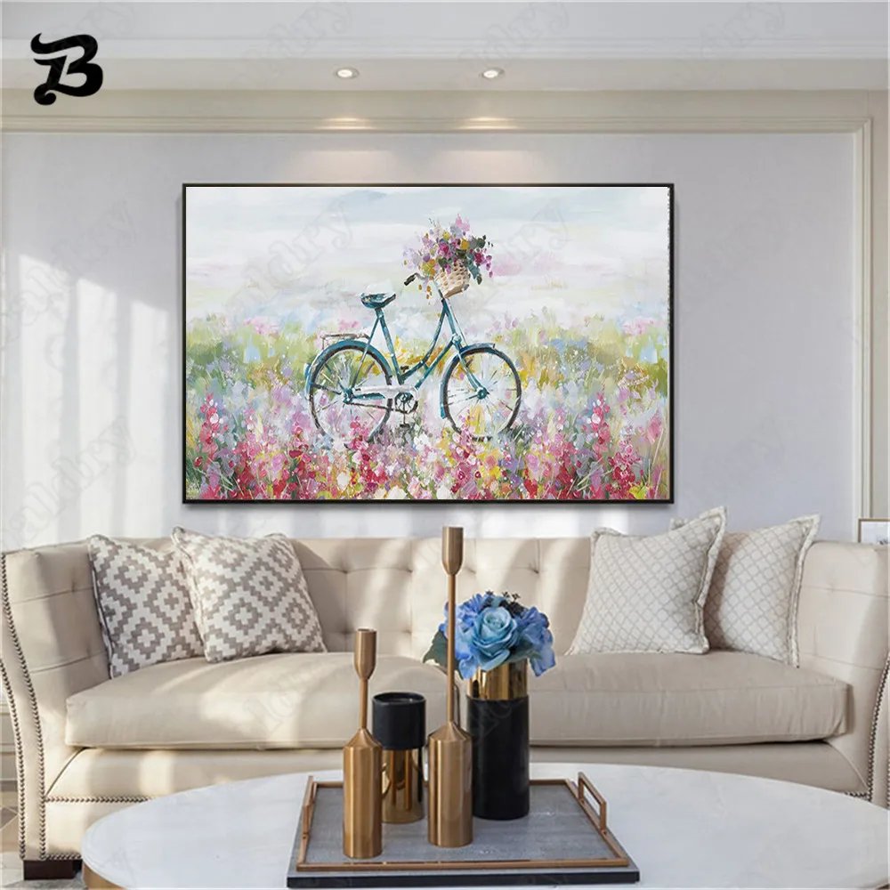 Красивая Картина на холсте в современном стиле цветы и хуапин велосипедный