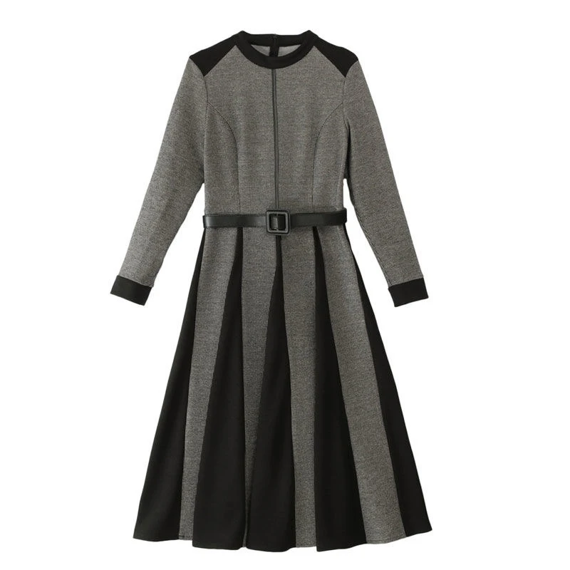 

Little plaid patchwork hem dresses women Spring Autumn vintage Knee-Length dress female Korean A-line mid dresses with belts