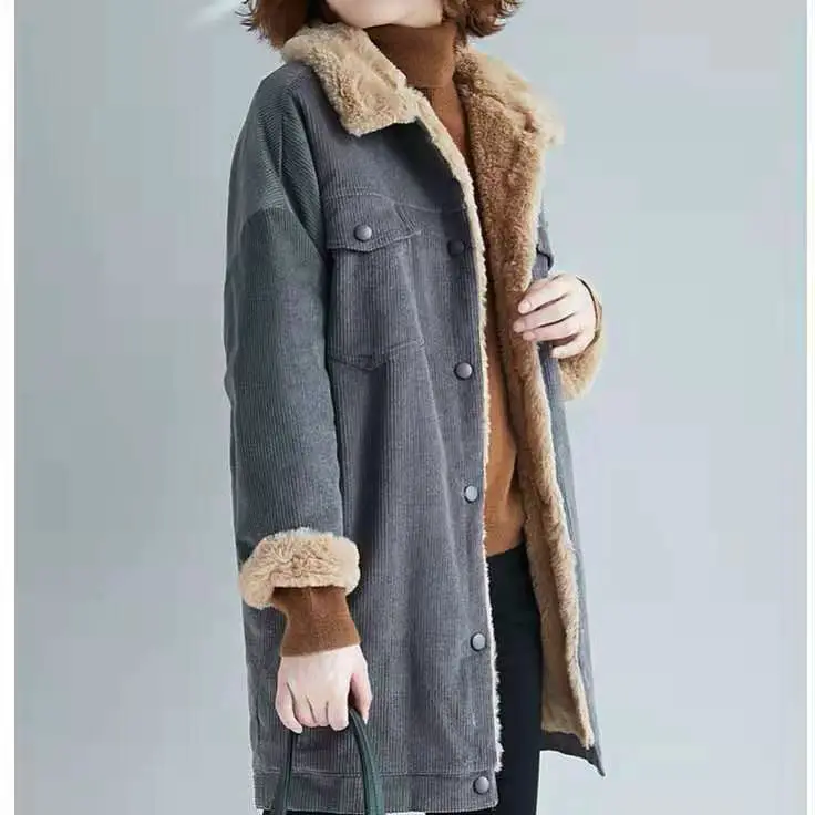 

Luck A Winter Faux fur Coat Women Oversize Corduroy Coats Vintage Female Loose Long Jackets Casual Street Lady Lambswool Outwear