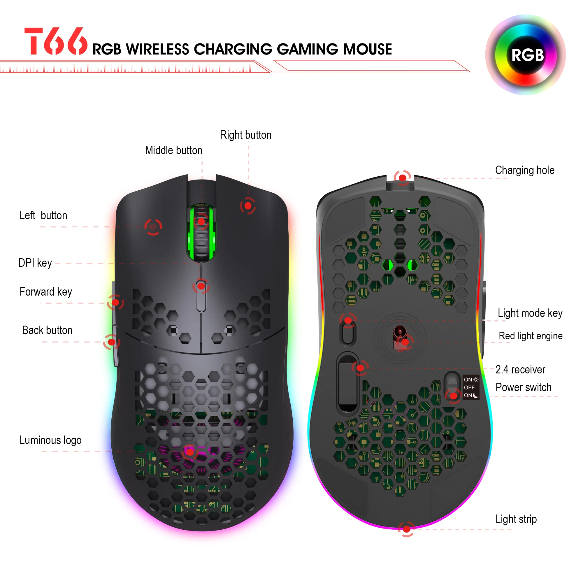 

Zienstar-Rechargeable Wireless Honeycomb Gaming Mouse,Lightweight with 3200 DPI,RGB Rainbow Backlit