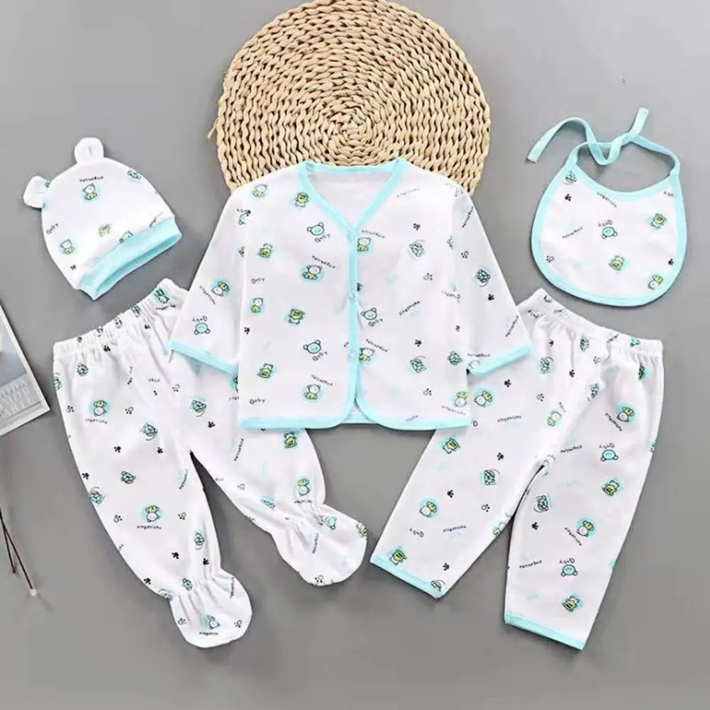 5 unids/set beb&eacute; Unisex ropa de personaje de dibujos animados de impresi&oacute;n de algod&oacute;n transpirable suave de los ni&ntilde;os Tops sombrero pantalones babero traje de ropa para reci&eacute;n nacido-1