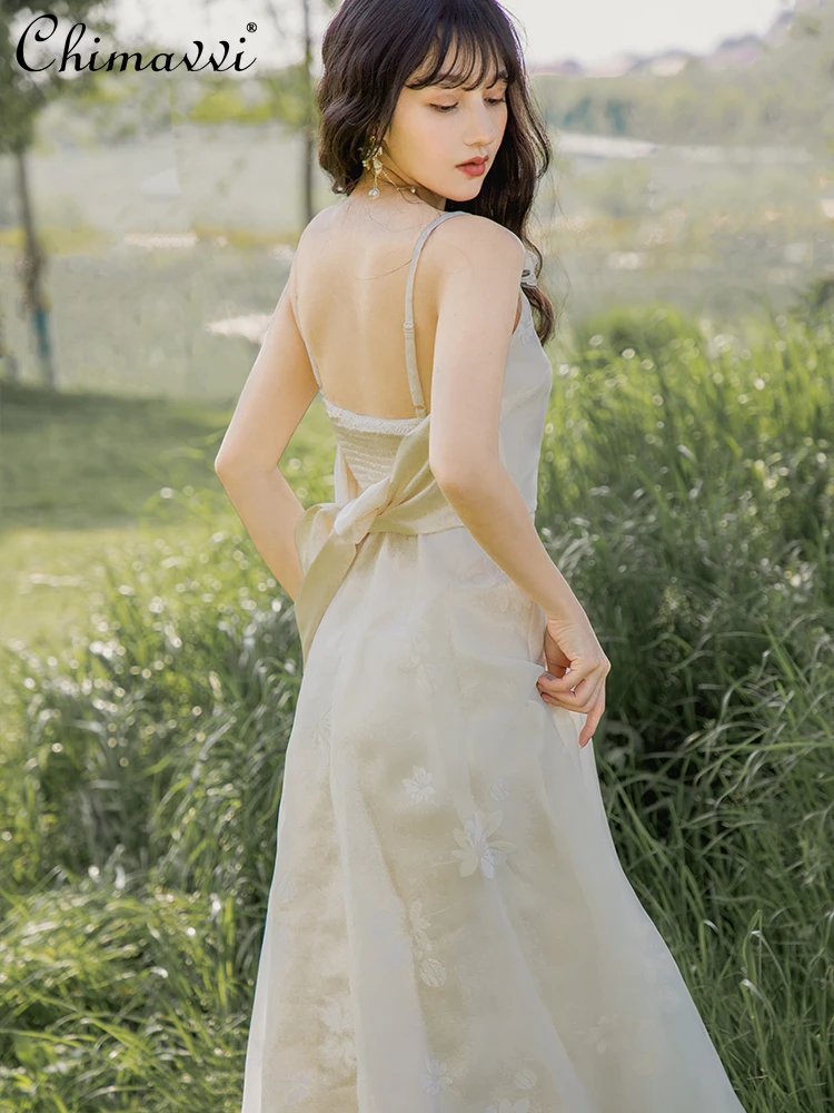 

2021 Summer Birthday Evening Long Dress Women's Clothing White Embroidery Halter Skirt Female Outdoor Wear Backless Dress