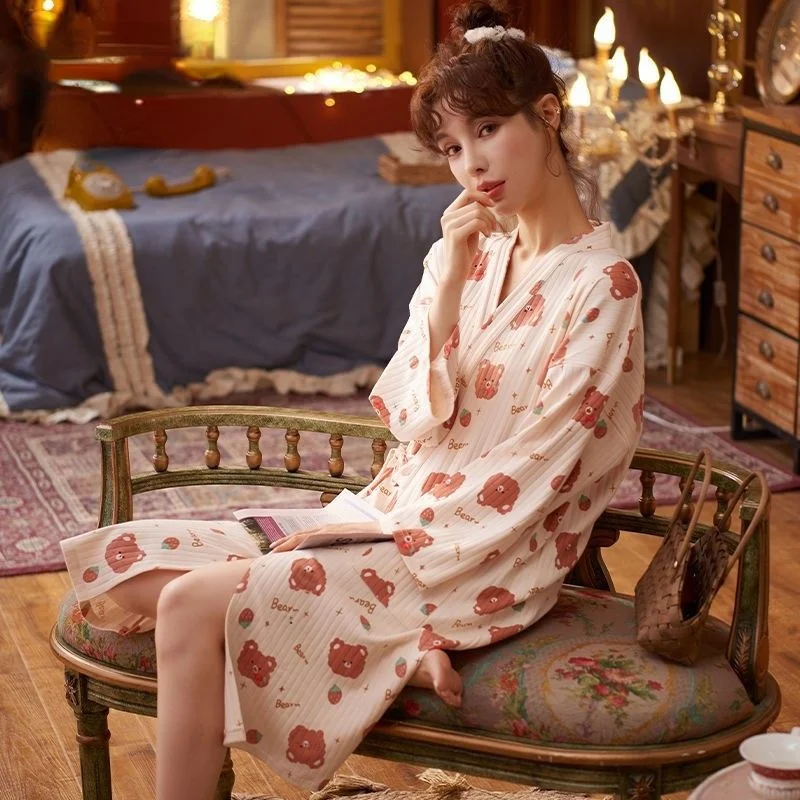 

Весенне-осенняя одежда для сна, ночные рубашки, Женский банный халат, халат, мультяшное кимоно, халат, повседневная домашняя Ночная рубашка ...