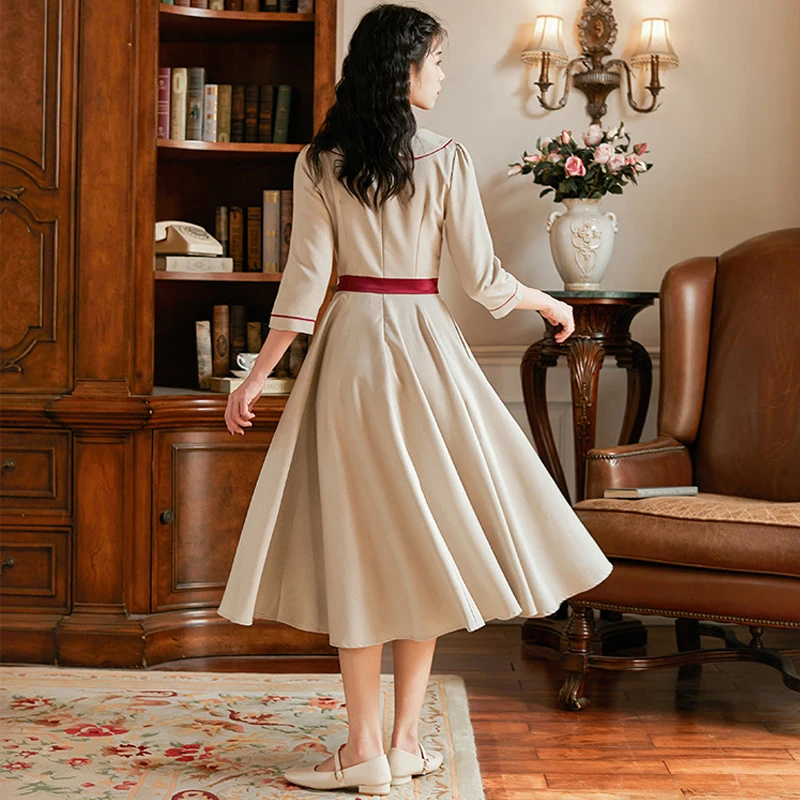 

YNZZU Vintage Sweet Women's Dresses 2020 Spring Autumn High Waist Peter Pan Collar Female Dress Vestidos High Quality AD379