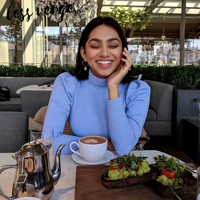 Lessverge с пышными рукавами синий вязаный свитер осень для женщин Повседневная