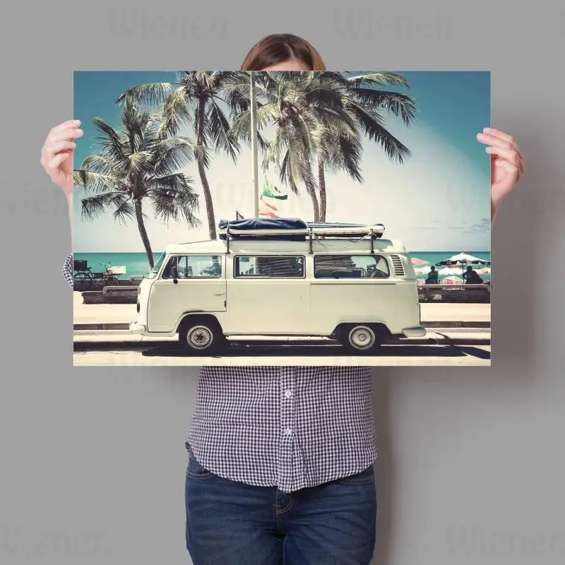 Постер с печатью высокой четкости "Пляжный пейзаж в стиле Калифорнии" на холсте с изображением кемпер-автобуса, морского пейзажа, ретро декора для дома, безрамочный муралистический холст.