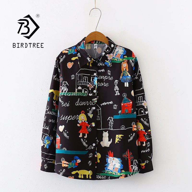 

Новинка весны 2020, женская шифоновая блузка с мультяшным принтом, черная рубашка с длинным рукавом, винтажные свободные топы, женская блузка ...