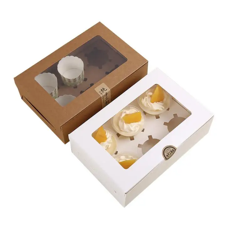 

Коробка для кексов из крафт-бумаги с 6 чашками, держатели для тортов, коробки для кексов, десертная переносная посылка, коробка с шестью подд...