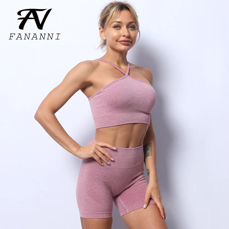 

FANANNI Seamless Fitness Yoga Sports Bra Shorts Set Cross Sling Bra Set