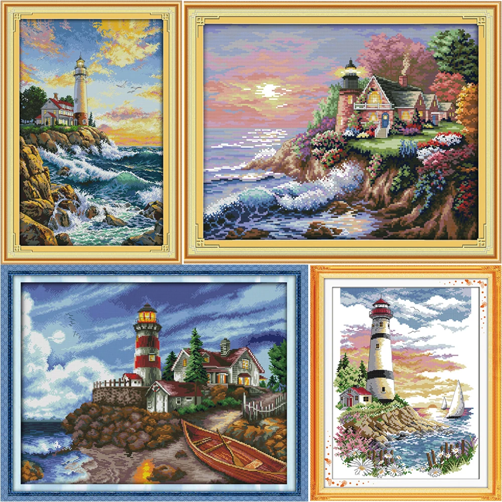 В Морской Маяк Счетный крест Наборы DMC Вышивка крестом комплект с напечатаным