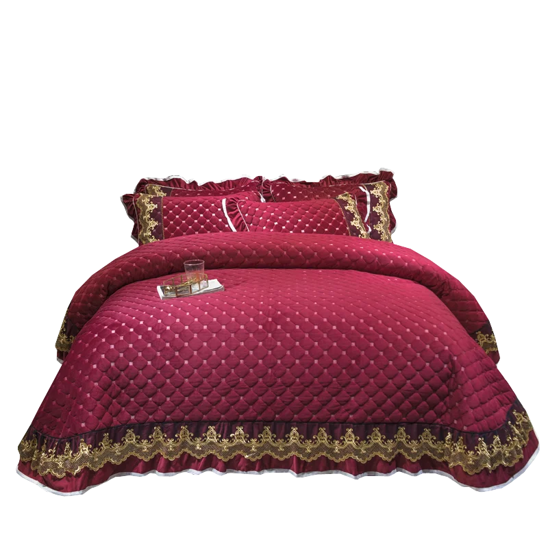 

Luxury Red Beige Blue Crystal Velvet Flannel Fleece Quilted Lace Bedspread Bed Cover Bed Sheet Mattress cover Pillowcases 3pcs
