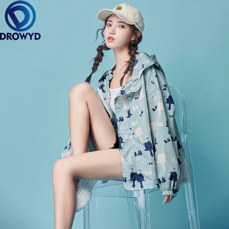 

Fashion Green Print Hooded Thin Baseball Jacket Women New Casual Long-sleeve Bomber Top Breathable Sunscreen Cardigan Loose Coat