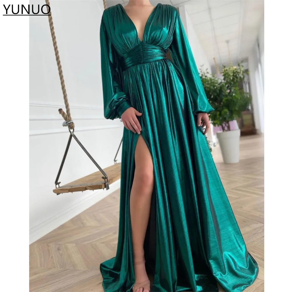 YUNUO блестящие бирюзовые вечерние платья с длинным рукавом V-образным вырезом