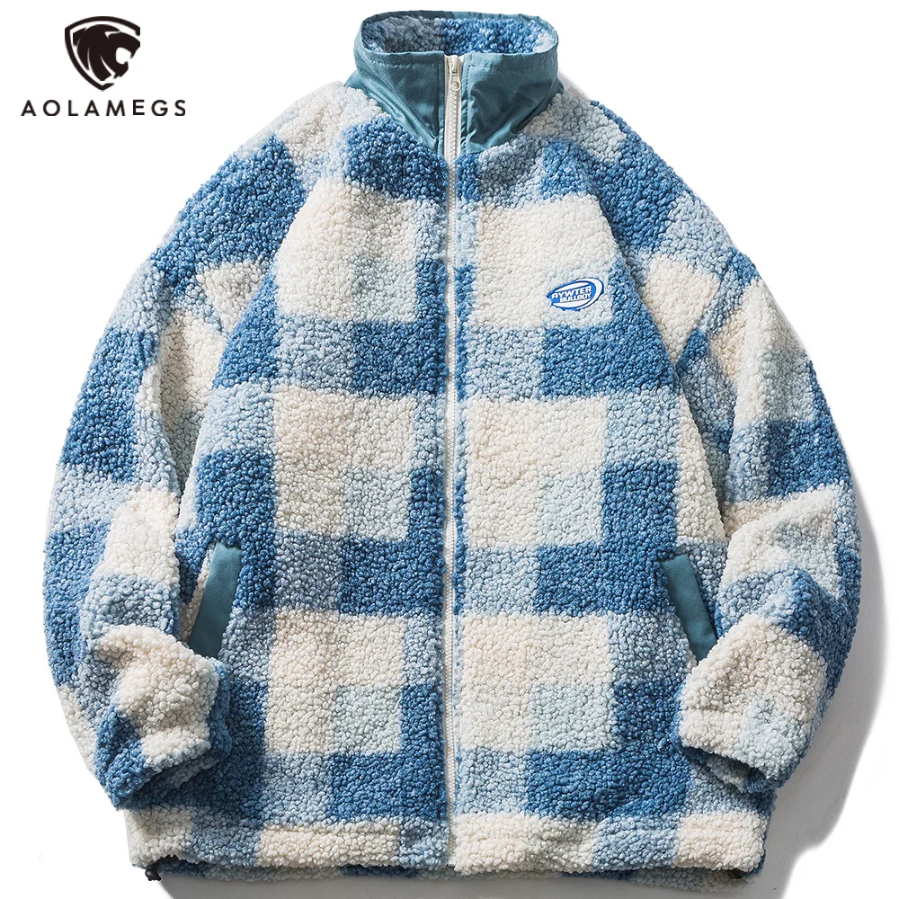 

Aolamegs Milk Cow Fleece Jacket for Men 2021 Winter New Harajuku Jacket Patchwork Color Lambswool Coat Streetwear Men Clothing