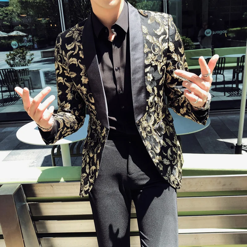 Роскошный мужской блейзер с золотым принтом британский стиль деловой выпускной