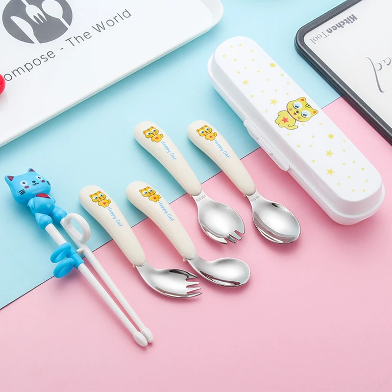 

Baby Food Feeding Spoon Fork Cartoon Infant Kids Chopstick Set Home 304 Stainless Steel Toddler Dinnerware With Box New