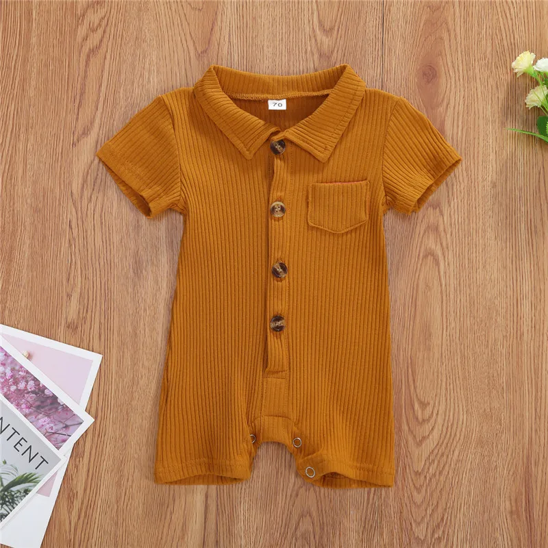 

0-24M Infant Baby Clothes Button Design Bodysuits Summer Short Sleeve Romper Pure Colors Jumpsuits Baby Boys Girls Clothing